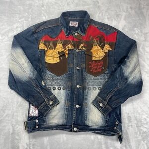 Akademiks Jeanius Level Native Warrior Denim Jacket Mens XL Blue Button Front